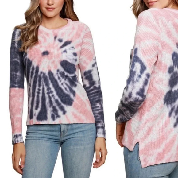 Women's Pink Navy Tie Dye Knit Sweater SZ S Long Sleeve Pullover Top Lightweight - Picture 1 of 7